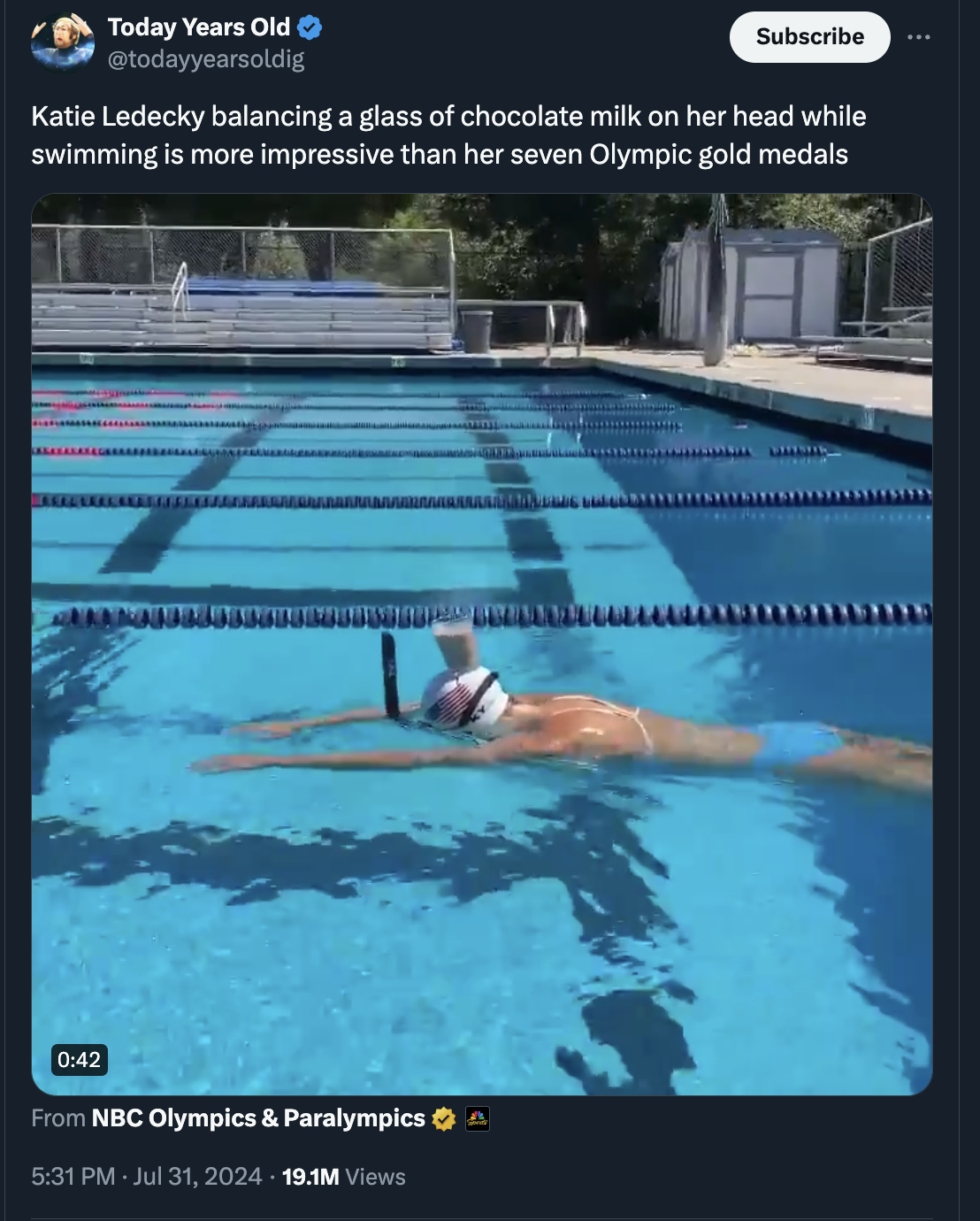 Today Years Old Subscribe Katie Ledecky balancing a glass of chocolate milk on her head while swimming is more impressive than her seven Olympic gold medals A From Nbc Olympics & Paralympics 19.1M Views